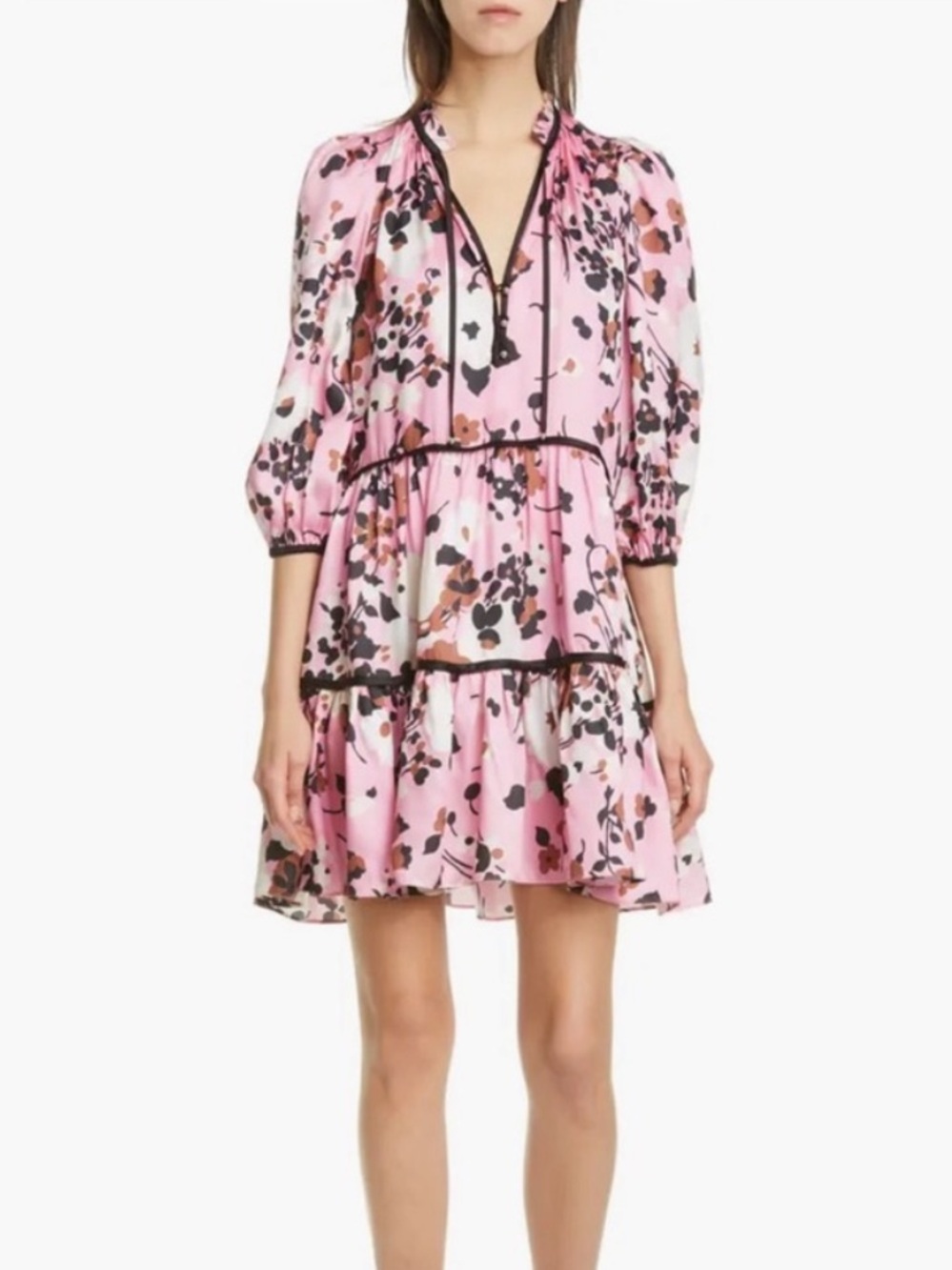 Veronica Beard Hawken Silk Tiered Ruffle Floral Mini Dress